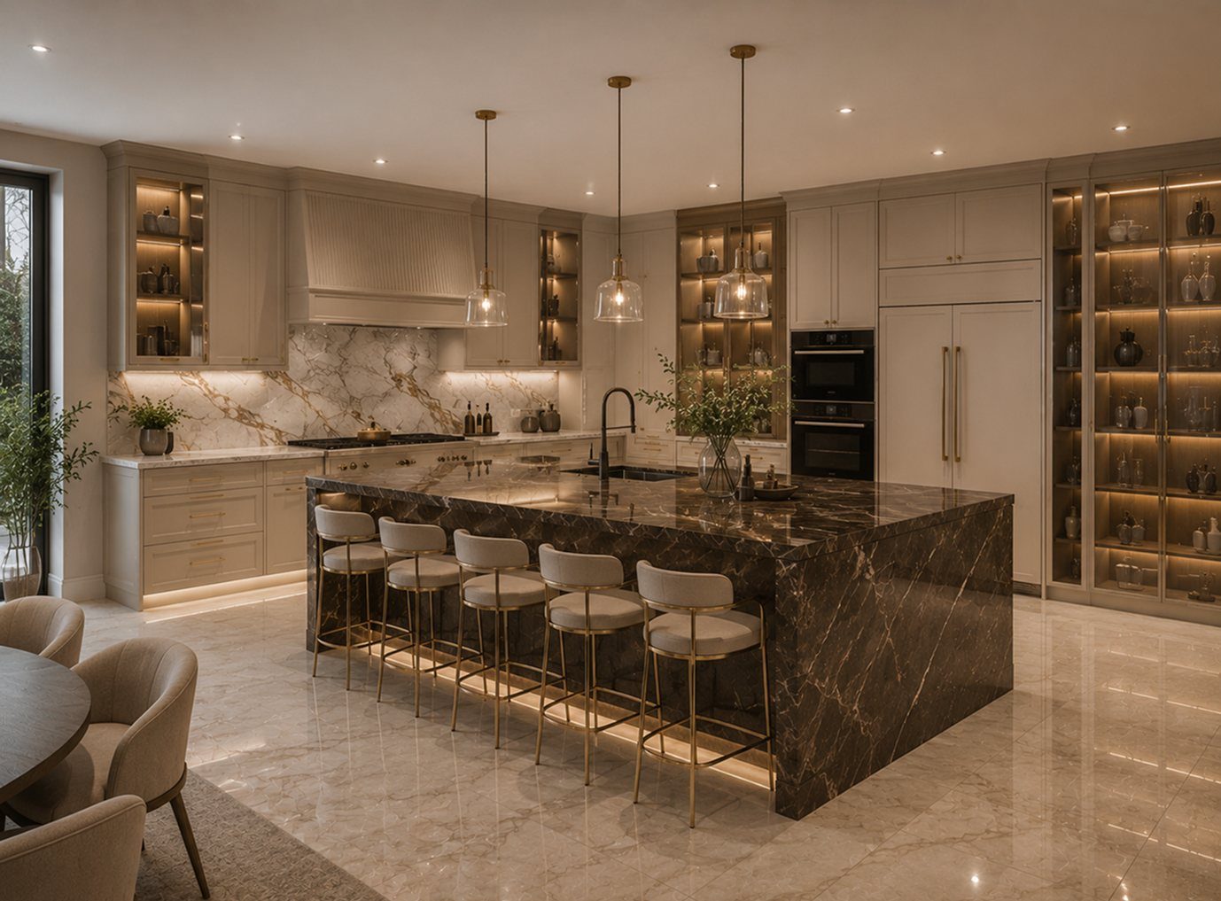 Wide view of a marble kitchen island with brass-legged bar stools