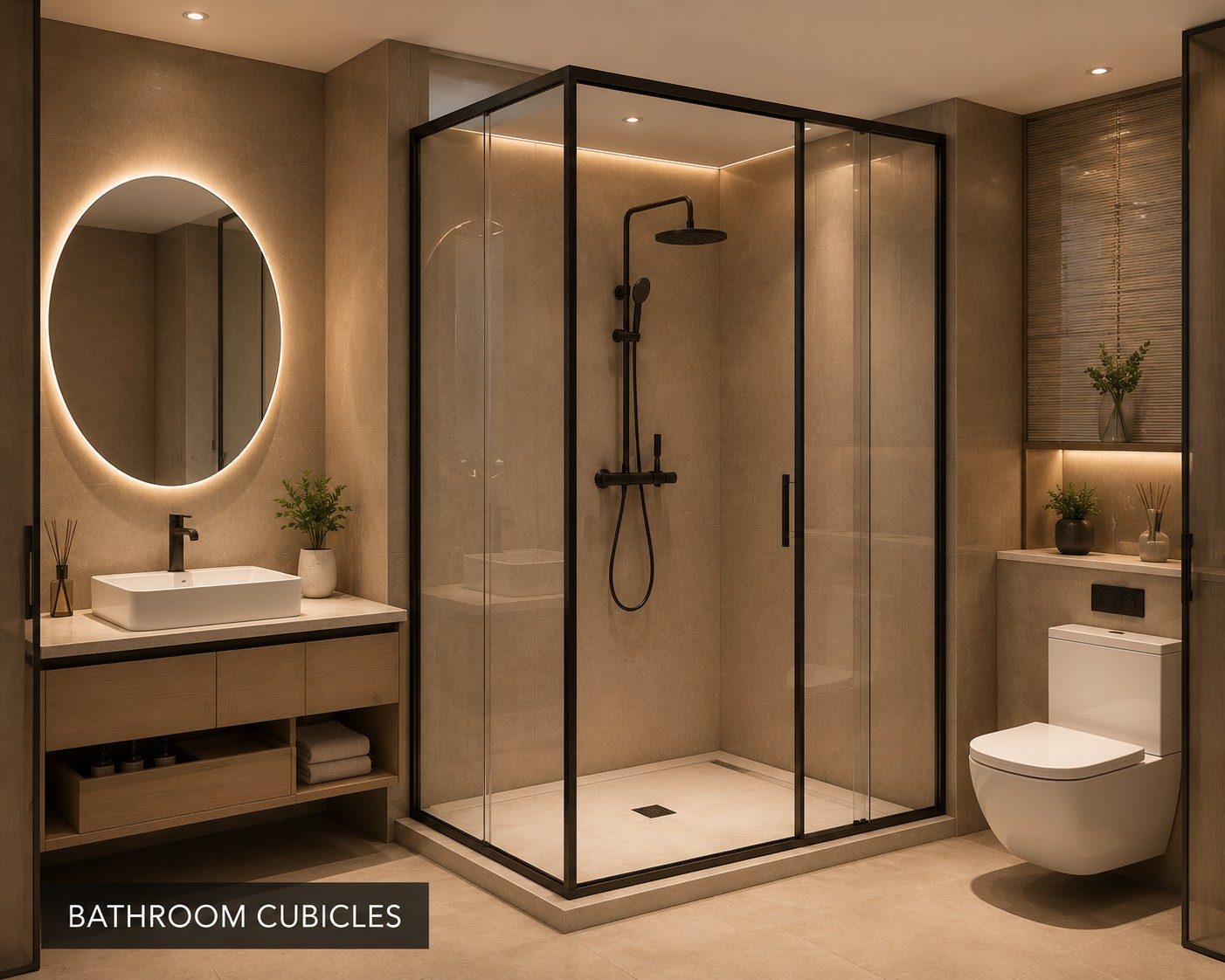 Bathroom cubicle partition with a glass shower enclosure