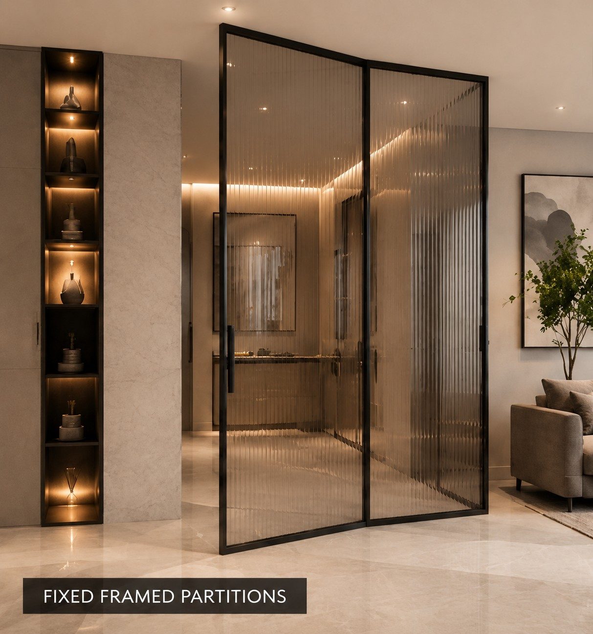 Fixed framed partition with curved reeded glass panels
