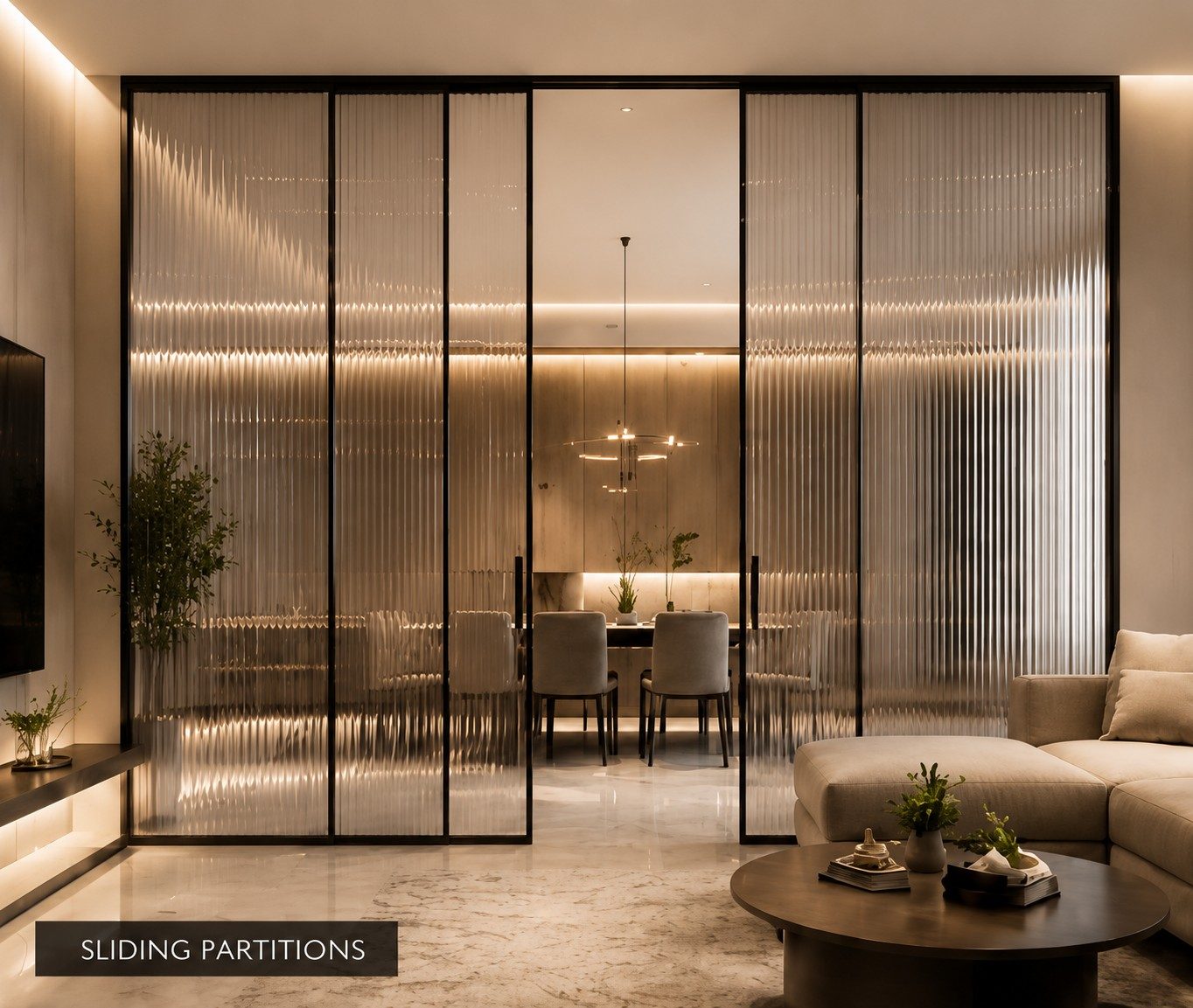Sliding partitions with reeded glass panels in a living room