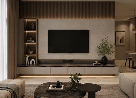Fluted wood-panelled TV wall unit with ambient lighting