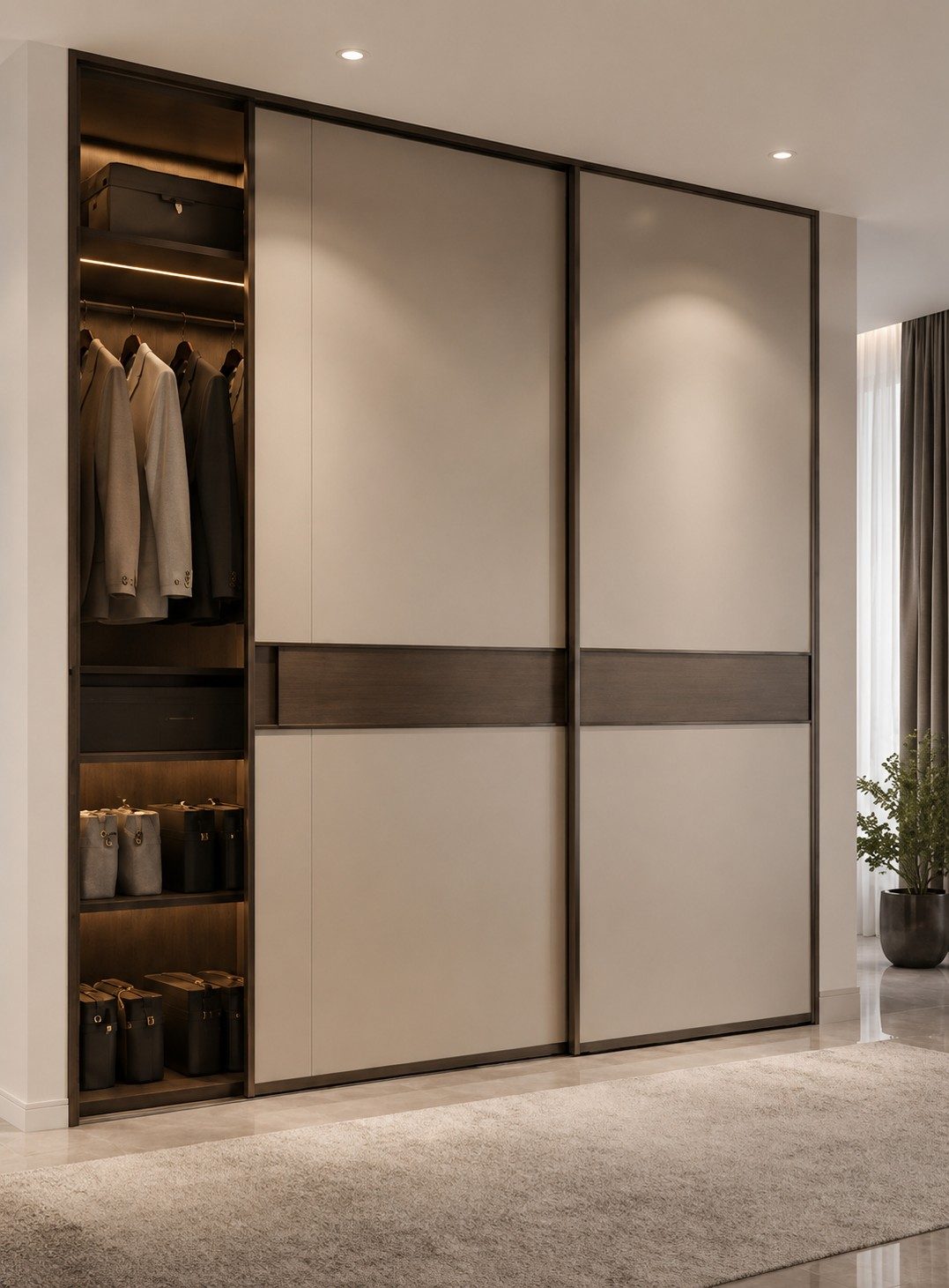 Sliding wardrobe with a two-tone finish and integrated lighting